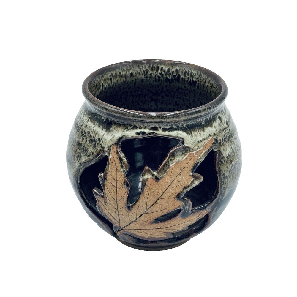 Alewine Art Pottery Luminary Leaf Cutout Handcrafted Candleholder Artisan Signed